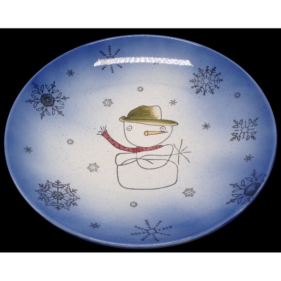 Beaver Farm Pottery HandPainted Snowman Blue Winter Design Ceramic Platter Bowl - Picture 3 of 6